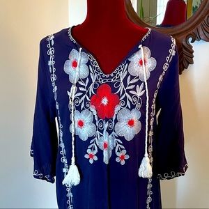 Vintage - Blue + Red Embroidered Floral Kaftan - No marked size - Fits Medium